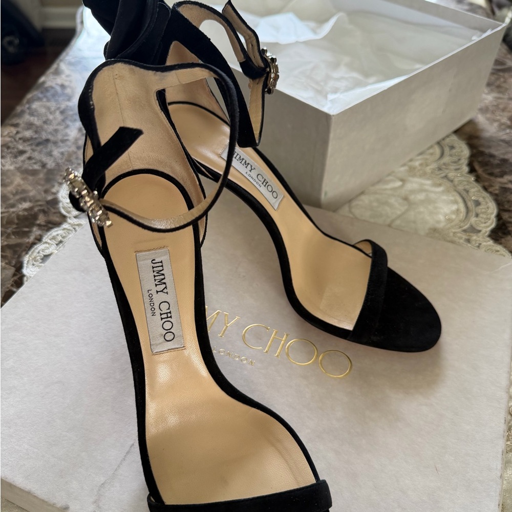 Jimmy Choo Black Suede Wingback Ankle-Strap Heels - Picture 13 of 15